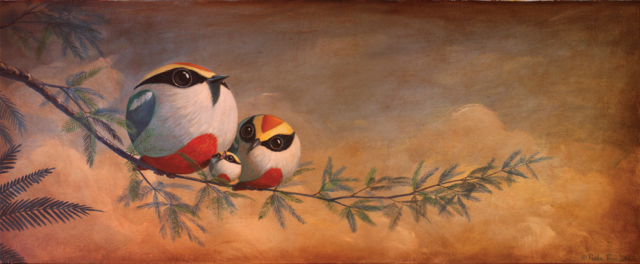© Paolo Rui; painting; acrylic and oil on canvas; surreal; birds; Fairy Pitta; Taiwanese birds