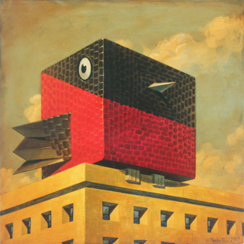 © Paolo Rui; painting; acrylic and oil on canvas; surreal; Taiwanese red oriole; adaptation; cube; cubism