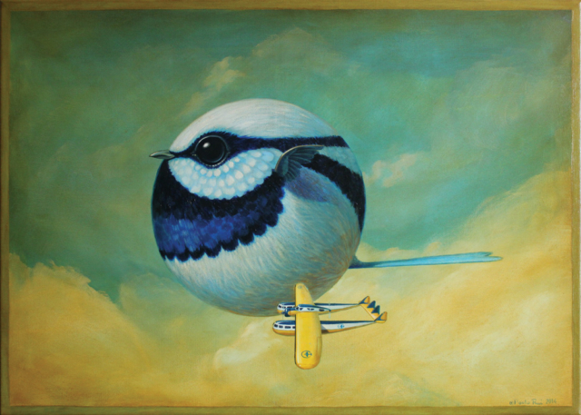 © Paolo Rui; surreal; painting; acrylic and oil on canvas; Fairy Wren; Australian birds; Blériot 125