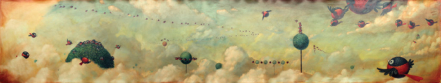 © Paolo Rui; painting; acrylic and oil on canvas; surreal; birds; Red Oriole; airspace; migration; Taiwanese birds; curiosity