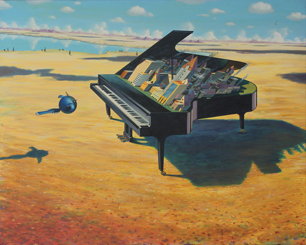 © Paolo Rui; painting; surreal; acrylic on canvas; piano; music; Taiwanese birds; Blue Magpie; city; musical
