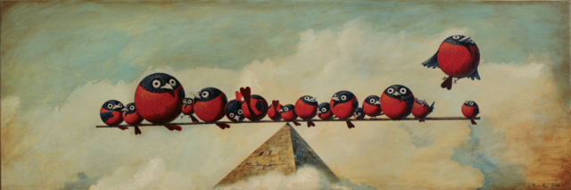© Paolo Rui; painting; acrylic and oil on canvas; surreal; birds; Red Oriole; Balance; power; pyramid; Taiwanese birds; masonry