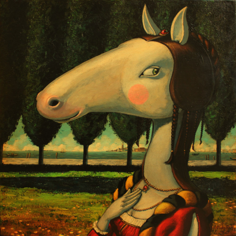 © Paolo Rui; painting; acrylic and oil on canvas; surreal; Horse; Venice; portrait; damsel