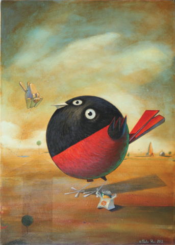 © Paolo Rui; surreal; painting; acrylic and oil on canvas; Red Oriole; Taiwanese birds; cubism; spaceport