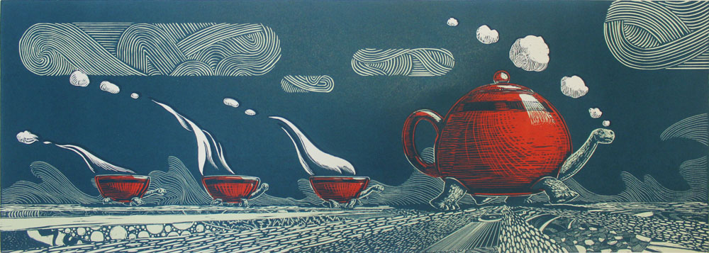 © Paolo Rui; surreal; engraviing; art-print; turtle; Tea; tea-pot