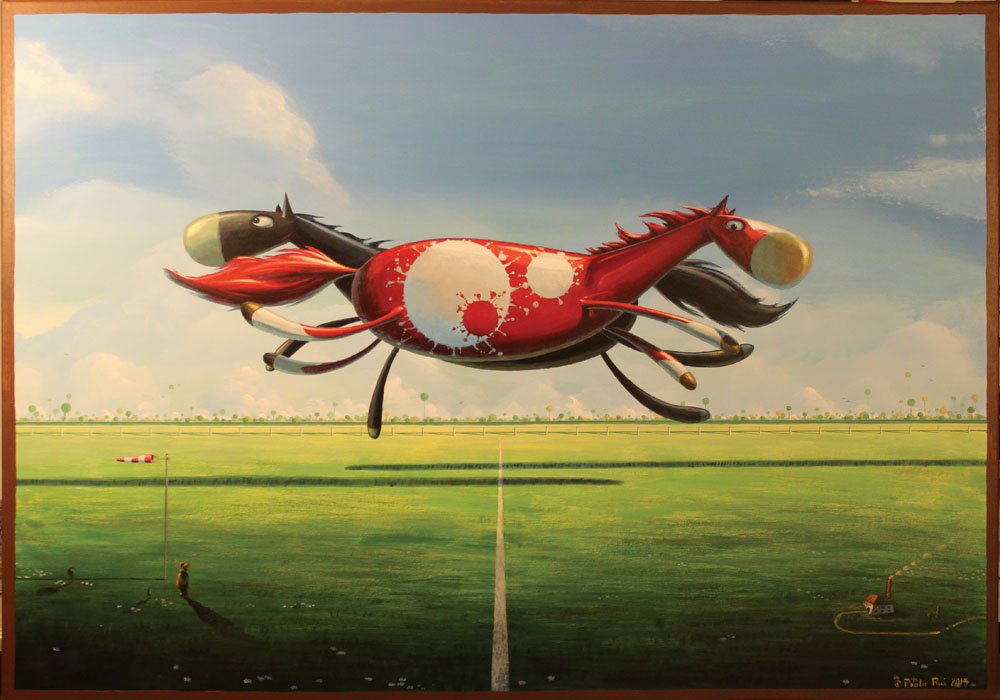 © Paolo Rui; painting; acrylic on canvas; surreal; dream; horse; horse race; landscape