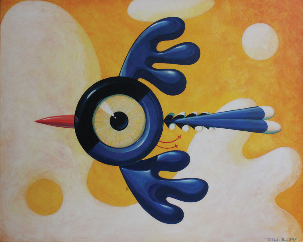 © Paolo Rui; painting; acrylic and oil on canvas; surreal; bird; Blue Magpie; Taiwanese birds; curiosity