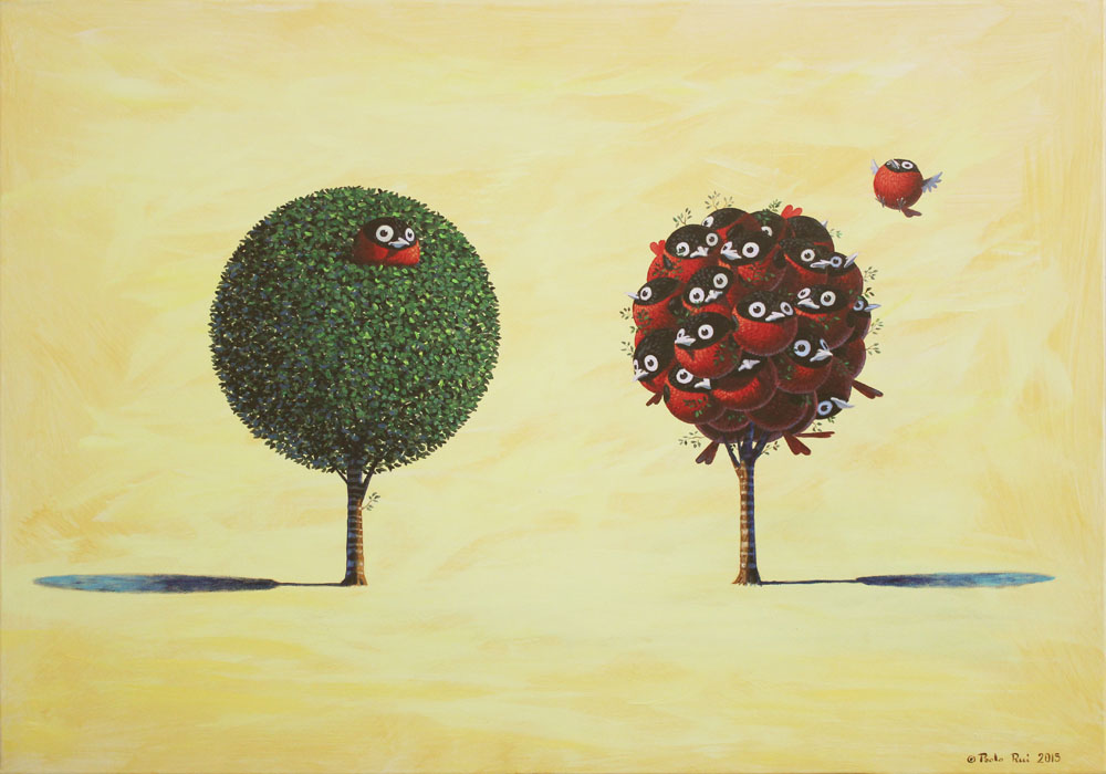© Paolo Rui; painting; acrylic on canvas; surreal; tree; birds; Taiwanese Red Oriole; wealth; privilege