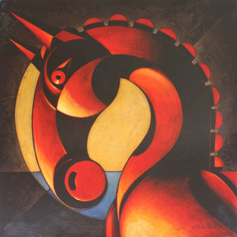 © Paolo Rui; painting; acrylic and oil on canvas; surreal; horse; horse head; futurism