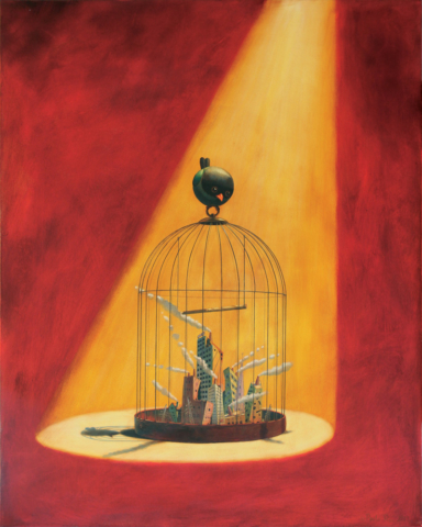 © Paolo Rui; painting; acrylic and oil on canvas; Taiwanese birds; Oriental Dollarbill; surreal; cage