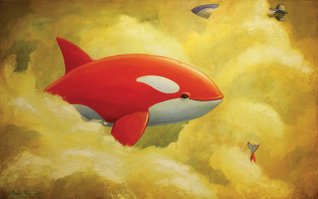 © Paolo Rui; painting; Acrylic and oil on canvas; surreal; airship; orka; killer whale; flying; clouds