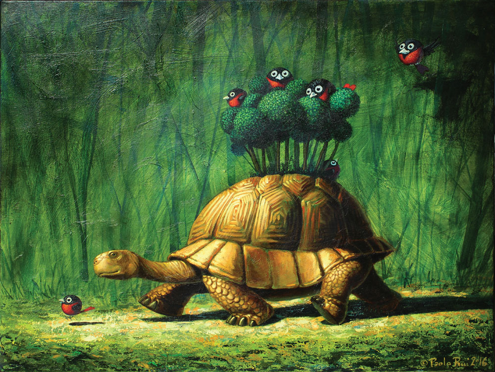 © Paolo Rui; painting; acrylic and oil canvas; surreal; turtle; mobile home; Taiwan: Taiwanese birds; Red Oriole