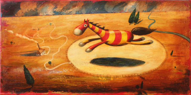 © Paolo Rui; surreal; painting; acrylic and oil on canvas; horse; corral; freedom