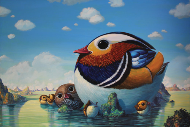 © Paolo Rui; painting; acrylic and oil on canvas; birds; Mandarina duck; Sun Moon Lake; Taiwan