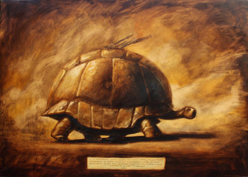 © Paolo Rui; painting; surreal; acrylic and oil on canvas; turtle, Milano; history; incertitudness