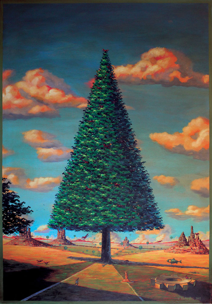 © Paolo Rui; surreal; painting; acrylic and oil on canvas; horse; pine tree