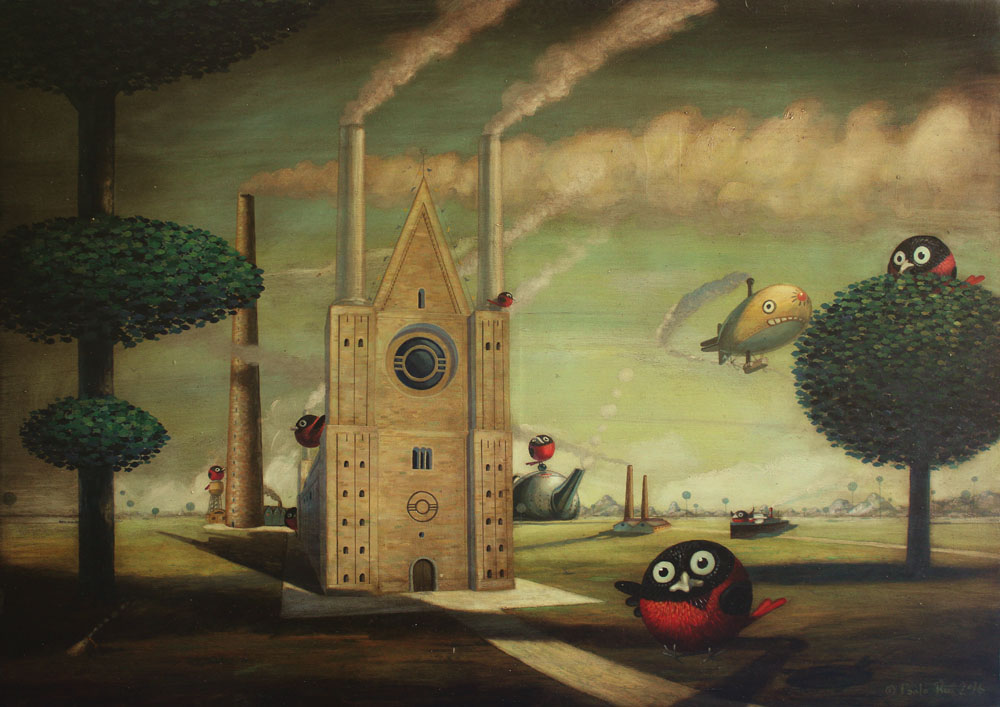 © Paolo Rui; painting; acrylic and oil canvas; surreal; dream; steam; industry; landscape; Taiwan: Taiwanese birds; Red Oriole