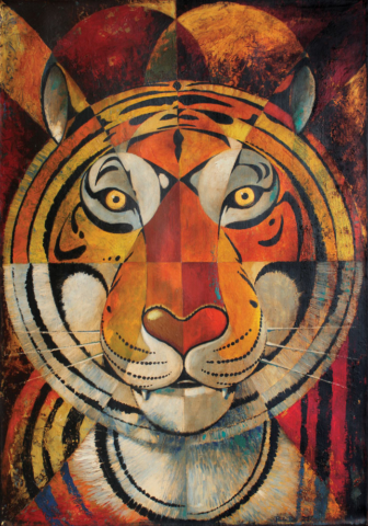 © Paolo Rui; painting; acrylic and oil on canvas; surreal; tiger; tiger head; futurism