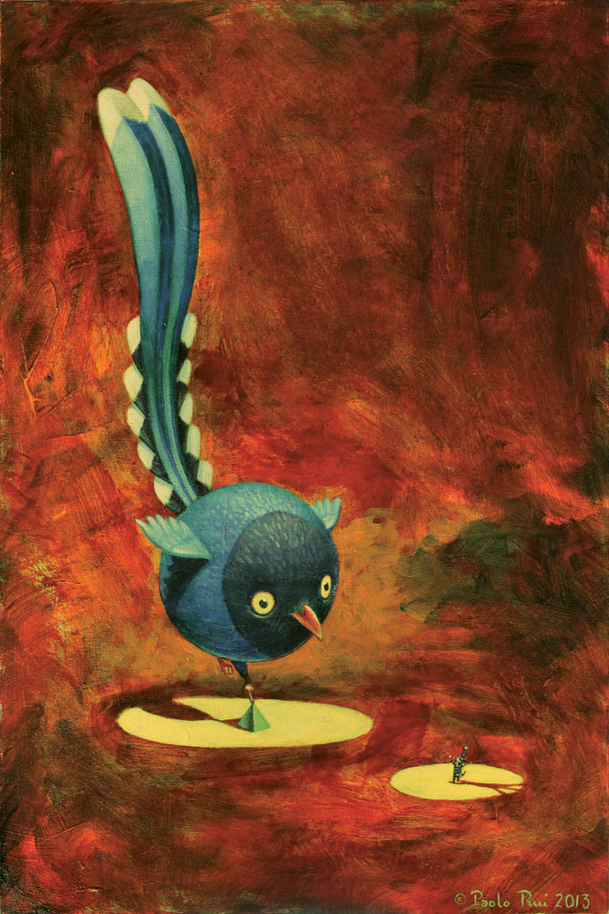 © Paolo Rui; surreal; painting; acrylic and oil on canvas; time; birds; Formosan Blue Magpie; circus