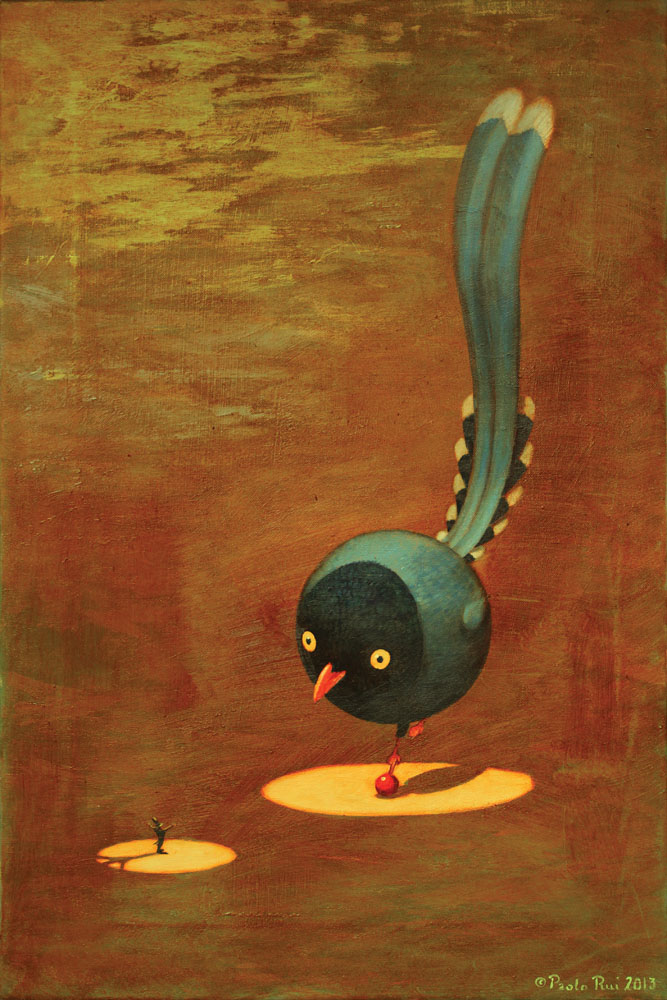 © Paolo Rui; surreal; painting; acrylic and oil on canvas; time; birds; Formosan Blue Magpie; circus