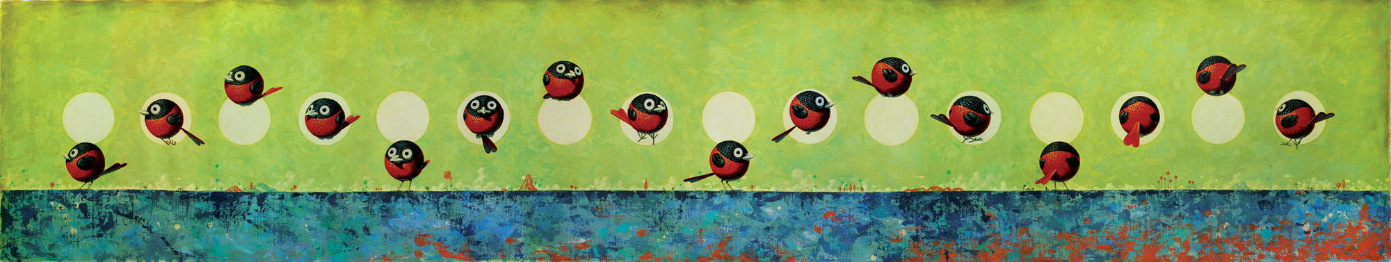 © Paolo Rui; painting; acrylic and oil on canvas; surreal; birds; Red Oriole; Tour of the world; Taiwanese birds; curiosity