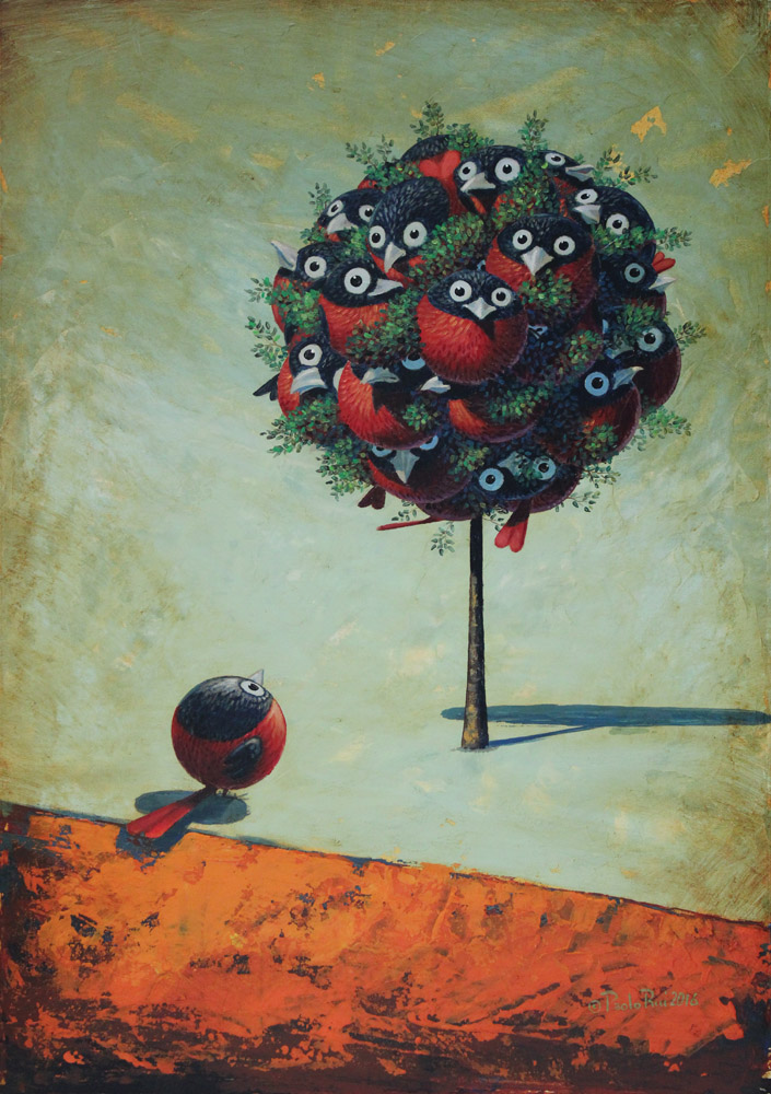 © Paolo Rui; painting; acrylic and oil on canvas; surreal; VIP; red oriole; tree; birds; Taiwanese birds