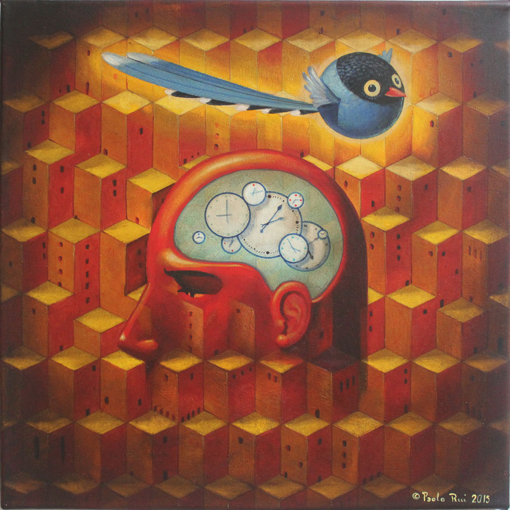 © Paolo Rui; painting; acrylic and oil on canvas; Taiwan Blue Magpie; bird; home; city