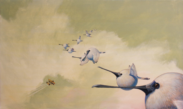 © Paolo Rui; Birds of Taiwan; surreal; painting; acrylic on canvas; Black-faced spoonbill; migration